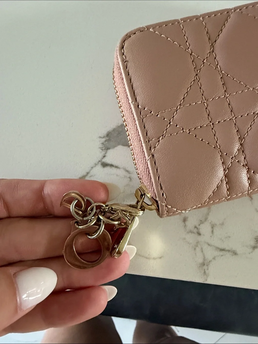 Dior Quilted Leather Zip Card Holder in Taupe with Gold Hardware